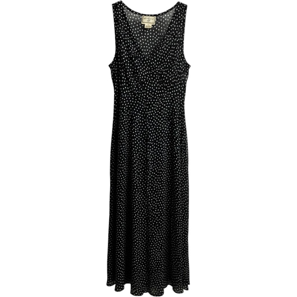 VTG April Cornell Black White Polka Dot Rayon Midi Dress Sleeveless V-Neck S 90s